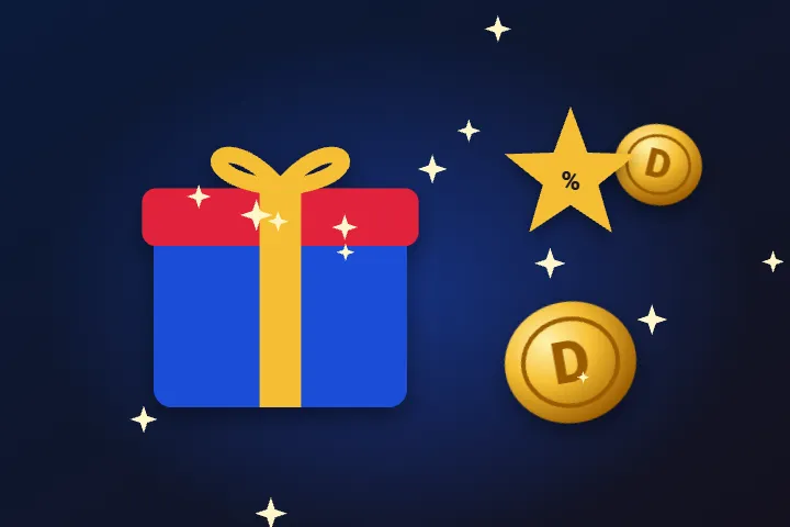 Deloro casino promo code – prezent z kokardą, monety i gwiazda z procentem